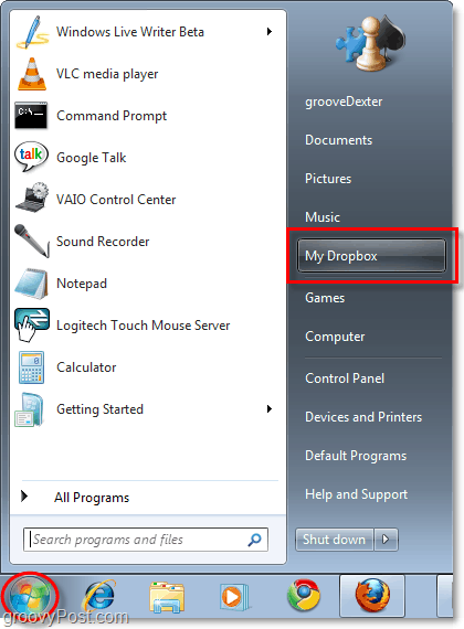 pudotuslaatikoni Käynnistä-valikon Windows 7: ssä