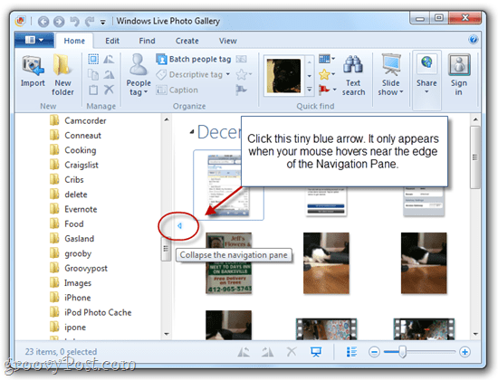Näytä / piilota navigointiruutu Windows Live Photo Gallery -palvelussa 