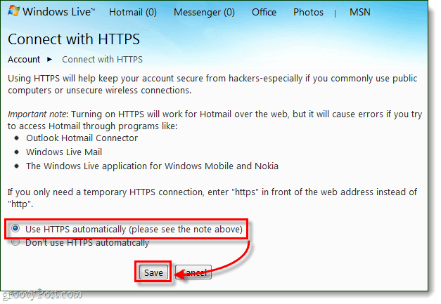 Kuinka aina muodostaa turvallinen yhteys Windows Liven ja Hotmailiin HTTPS: n kautta