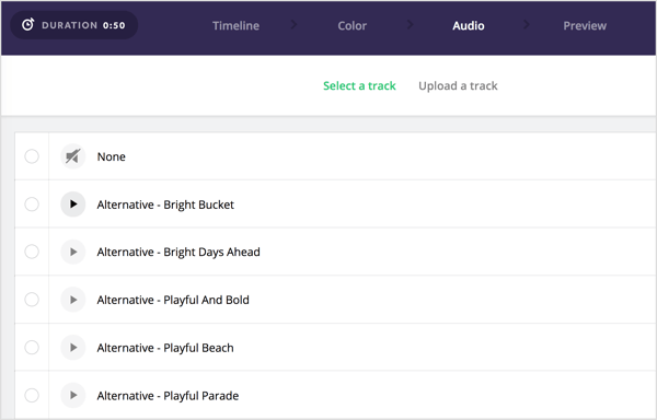 Valitse ääniraida, jonka haluat lisätä Biteable-videoosi.