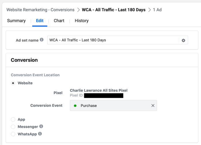 valitse Osta tai vie tapahtuma Facebook Ads Managerissa uudelleenmarkkinointikampanjan määrityksen aikana