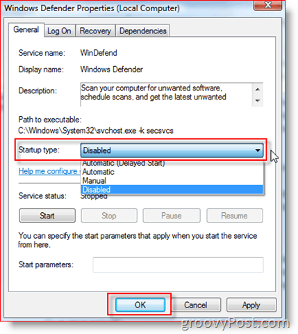 Poista Windows Defender -palvelu käytöstä Windows Server 2008 tai Vista: groovyPost.com -sovelluksessa