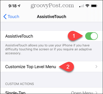 Ota AssistiveTouch käyttöön ja mukauta ylätason valikko iPhonen asetuksissa