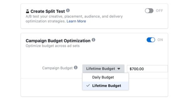 valitsemalla Kampanjan budjetin optimointi ja elinikäinen budjetti Facebook-kampanjalle flash-myynnin päivänä