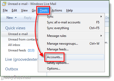 Windows Live Mail -työkalut -tilit