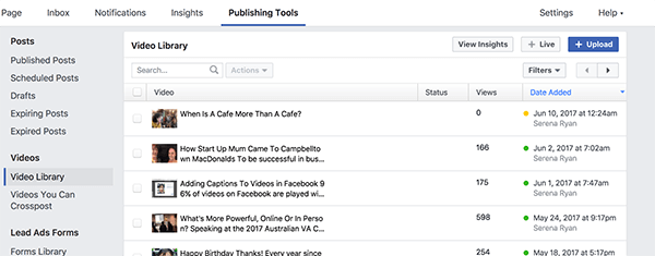 Facebook-videokirjastossasi on kaikki julkaistut ja julkaisemattomat videosi. Keltaisella pisteellä varustettuja videoita ei julkaista ja videot, joissa on vihreä piste, julkaistaan.