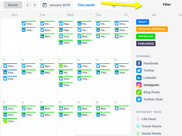 Kuinka järjestää sosiaalisen median markkinointitehtäviä, ContentCal-kalenterin yleiskatsaus suodattimilla