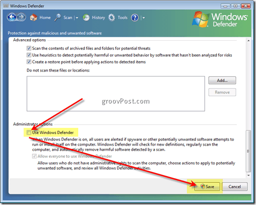 Poista Windows Defender Vista käytöstä