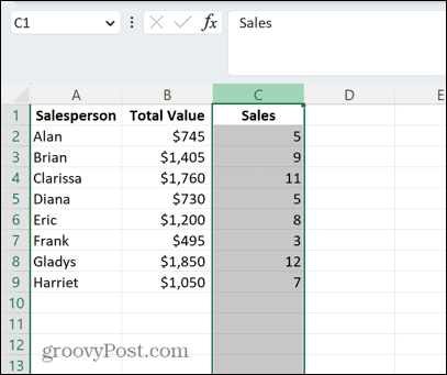 Excel valittu sarake
