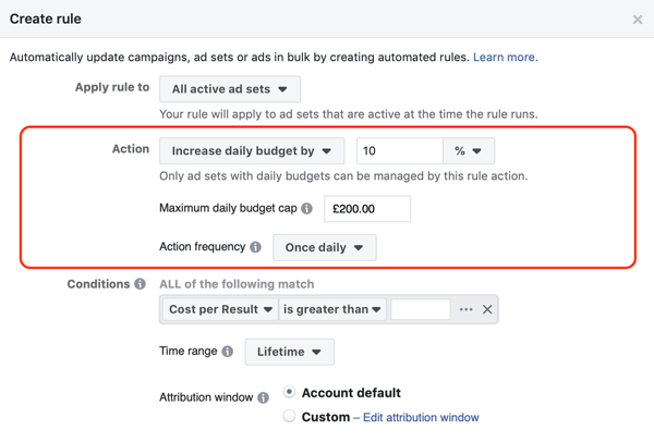 Käytä Facebookin automaattisia sääntöjä, lisää budjettia, kun ROAS on suurempi kuin 2, vaihe 2, toiminta-asetukset