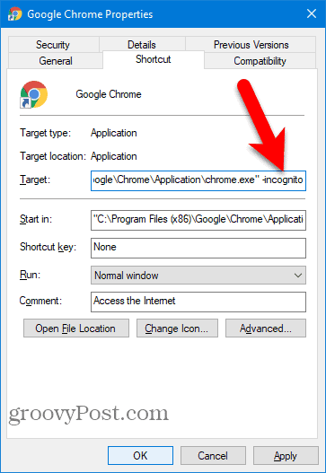 Lisää -incognito Chrome Desktop -pikakuvaan