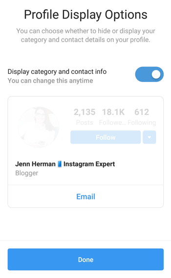 Instagram Creator -profiililuokan valinta ja näyttö.