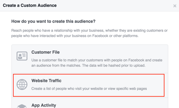 Luo mukautettu Facebook-yleisö verkkosivustojen liikenteen perusteella.