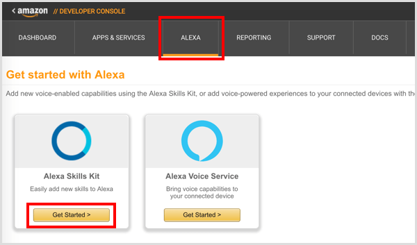 Napsauta Aloita-painiketta Alexa Skills Kit -kohdassa.