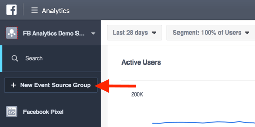 Luo tapahtumalähderyhmät Facebook Analytics -hallintapaneelista.