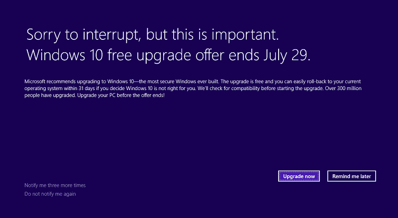 Microsoft julkaisee ilmaisen päivitystarjouksen ilmoituksen loppuun Windows 10: lle