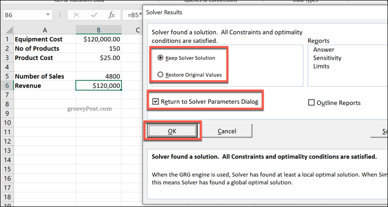 Excel Solver -tulosikkuna
