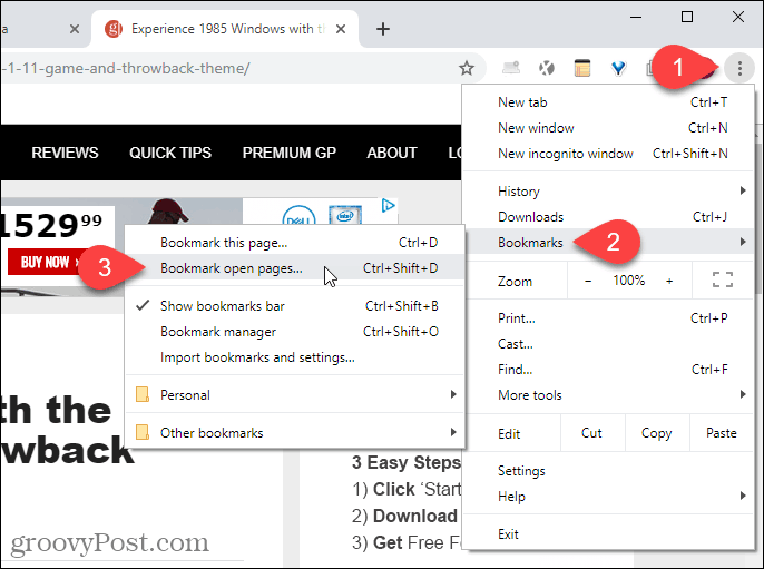 Valitse Chrome-valikosta Lisää kirjanmerkkeihin avoimet sivut