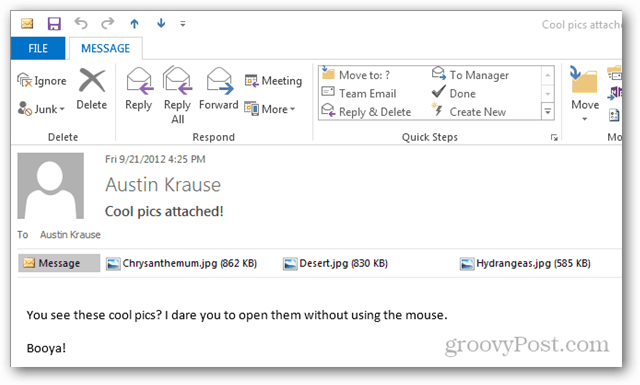 Liitteiden avaaminen Outlook 2013: ssa ilman hiirtä