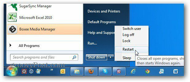 Vaihda Windows 7: n Käynnistä-valikon virtapainike uudelleenkäynnistämiseen aina