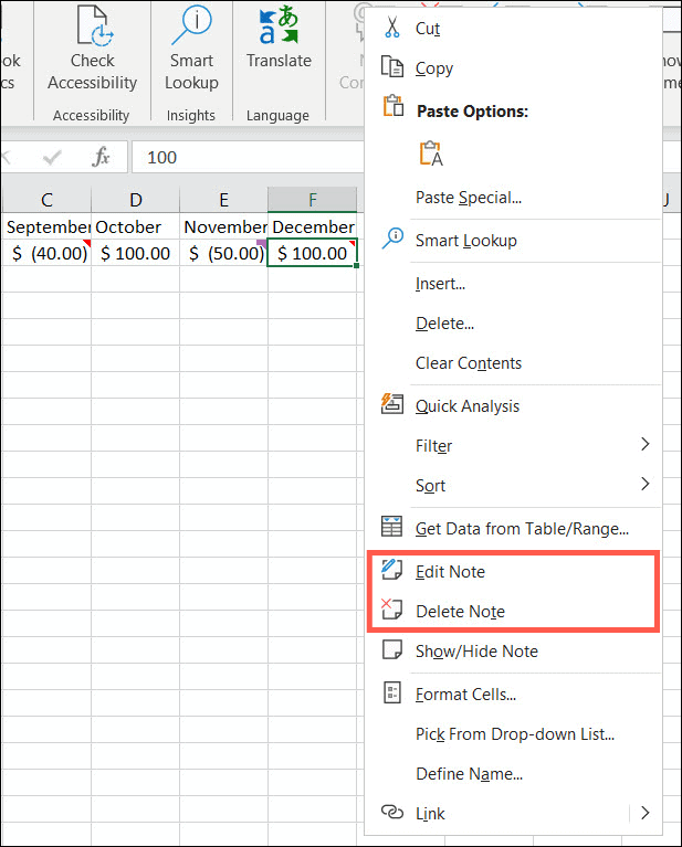 Muokkaa tai poista muistiinpanoja Excelissä
