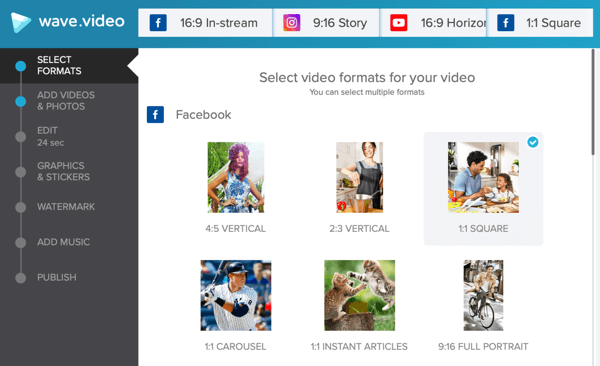 Kehitä sosiaalinen videostrategia, luo video Wave.video, facebook-mallivaihtoehdoilla.