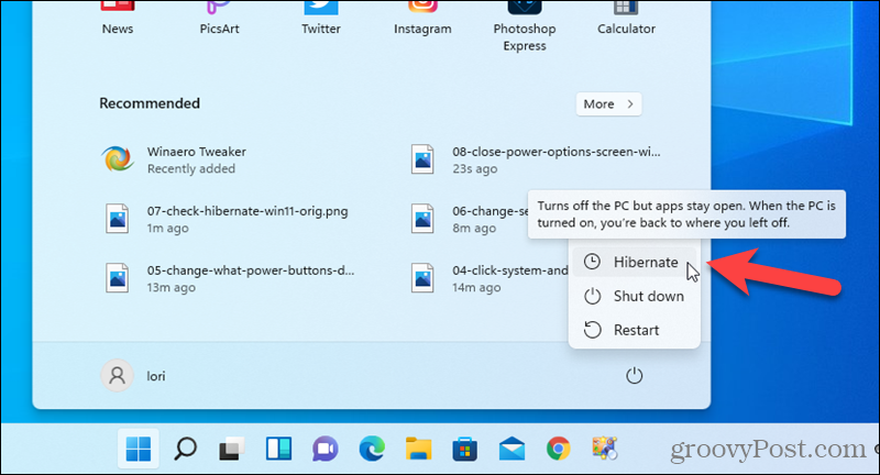 Lepotila -vaihtoehto käytettävissä Windows 11: n Käynnistä -valikossa