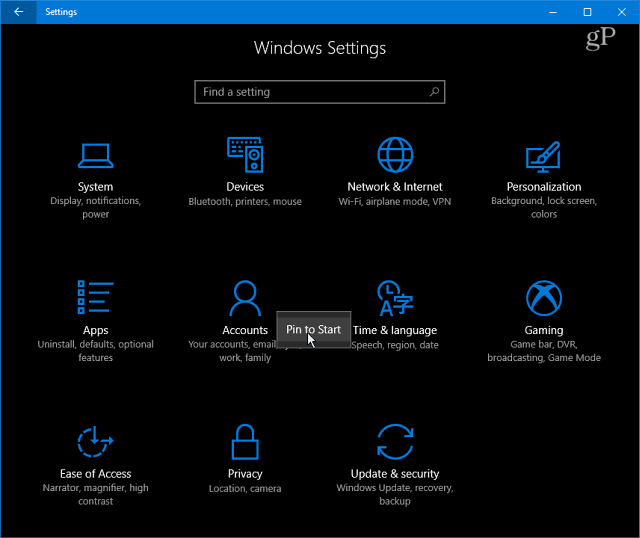 Windows 10 -asetuskategoriat