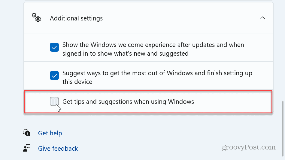 Poista käytöstä Windows 11:n vihjeitä ja ehdotuksia koskevat ilmoitukset