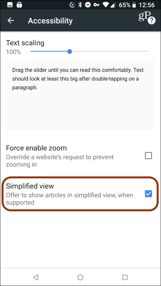 Yksinkertaistettu näkymä Chrome Android