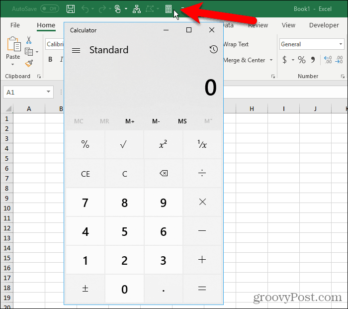 Windowsin laskin Excel-sovelluksen Pikakäyttö-työkalurivillä
