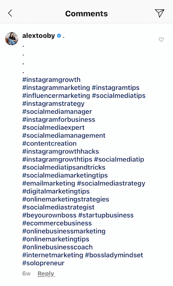 esimerkki @alextoobyn Instagram-kommentista, joka koostuu 30 asiaankuuluvasta hashtagista