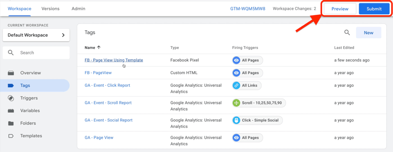 esimerkki google tag manager -hallintapaneelin työtilasta, jossa tagit on valittu ja useita esimerkkitunnisteita, joissa on esikatselu- ja lähetyspainikkeet korostettuna oikeassa yläkulmassa