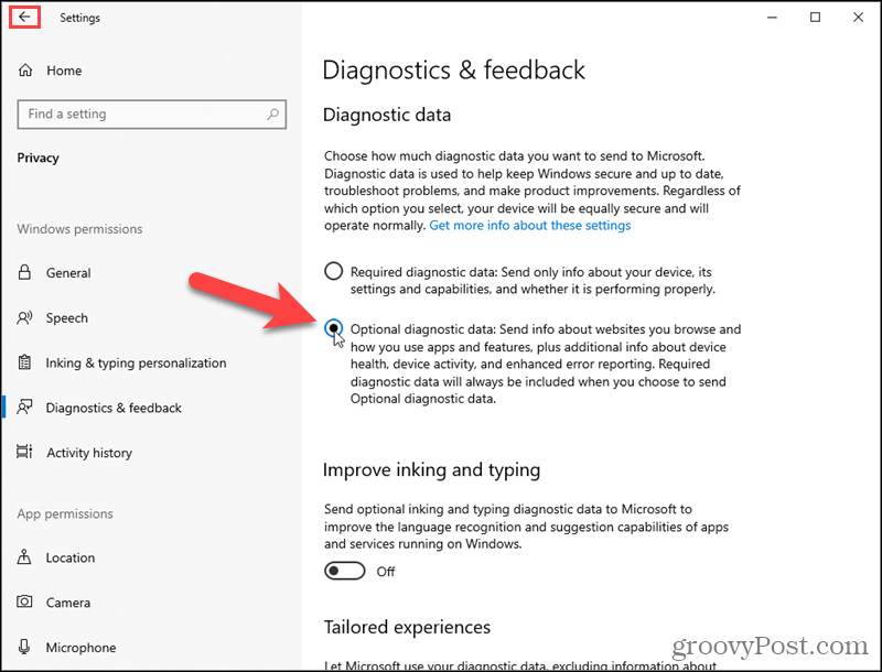 Ota käyttöön Windows 10 Valinnaiset diagnostiikkatiedot