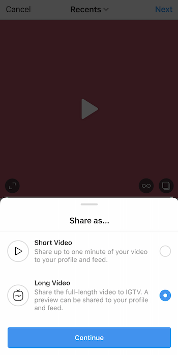 instagram-videolataus jakamisen valikon ollessa auki ja pitkä videovaihtoehto valittu
