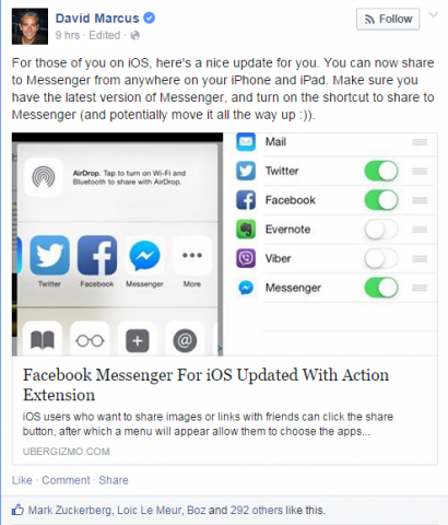 "Facebook Messenger -käyttäjät, joilla on iPhone tai iPad, voivat nyt jakaa valokuvia tai linkkejä suoraan sovellukseen iOS-sovelluksen päivityksen jälkeen."