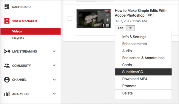 Siirry YouTube-videoosi ja valitse avattavasta Muokkaa-valikosta Tekstitys.