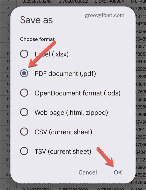 Vieminen PDF-tiedostona Google Sheetsissä