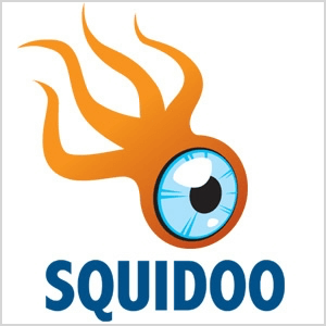 Tämä kuvakaappaus Squidoo-logosta, joka on oranssi olento, jossa on neljä lonkeroa ja suuri sininen silmämuna.