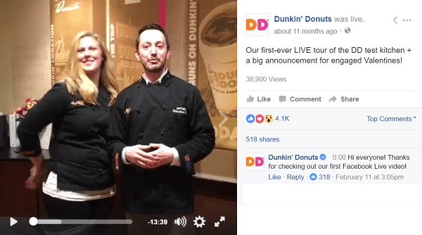 Dunkin Donuts käyttää Facebook Live -videota viemään faneja kulissien taakse.