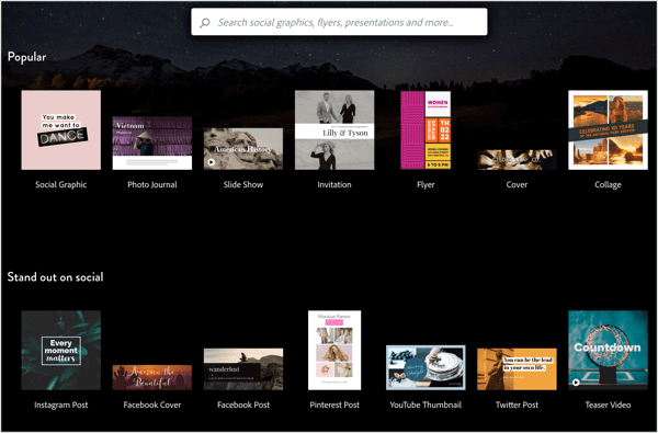 Adobe Spark tarjoaa erilaisia ​​malleja mukautettavaksi sosiaalisen median kuviin.