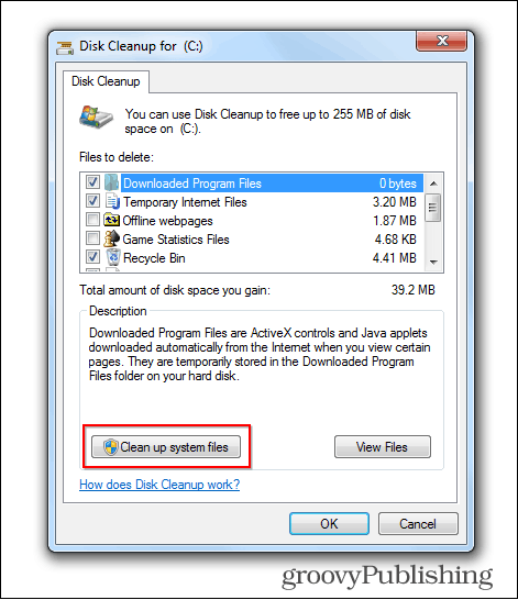 Windows 7 update poistaa vanhojen tiedostojen levyn puhdistuspainike