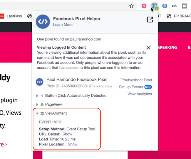 Facebook Pixel Helper näyttää sivunäkymän ja sisällön katselutapahtumat