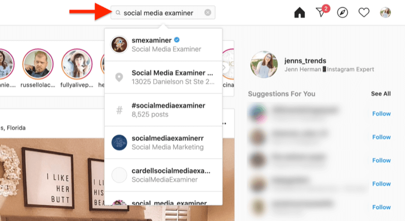 työpöydän kuvakaappaus, jossa näkyy Instagram-tilin haku sosiaalisen median tutkijan hakutermeillä