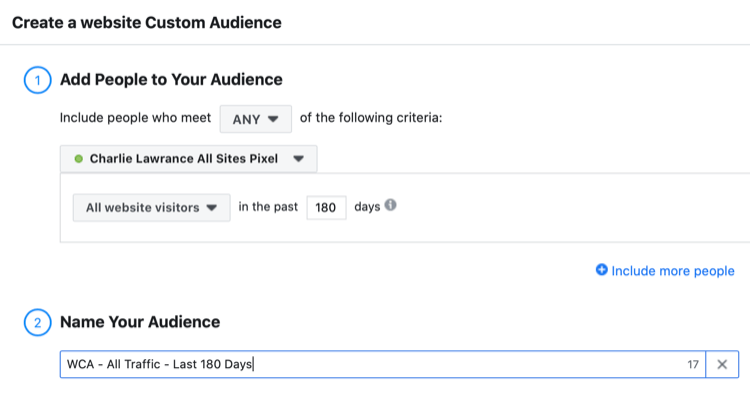 määritä Facebook-verkkosivuston mukautettu yleisö kaikista verkkosivuston kävijöistä viimeisten 180 päivän aikana