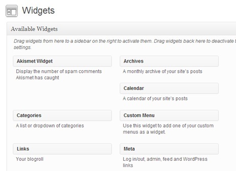 käytettävissä olevat widgetit WordPress