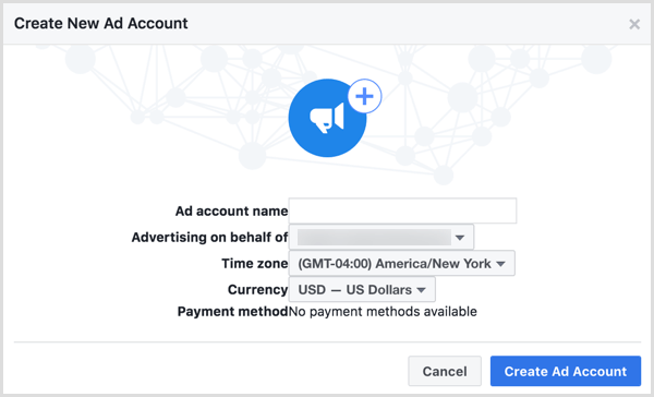 Käytä yrityksesi nimeä, kun sinua pyydetään nimeämään uusi Facebook-mainostili.