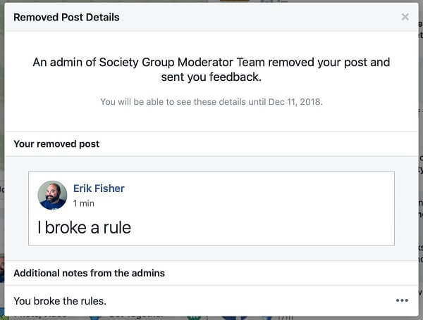 Vaikuttaa siltä, ​​että Facebook-ryhmät antavat järjestelmänvalvojille mahdollisuuden jakaa syy, miksi viesti poistettiin postittajalle.