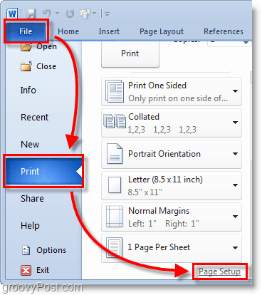 Micosoft Word 2010 -kuvakaappaus valitse tiedosto> tulostusvalikko taustasta ja napsauta sitten sivun asetukset Word 2010 -sovelluksessa
