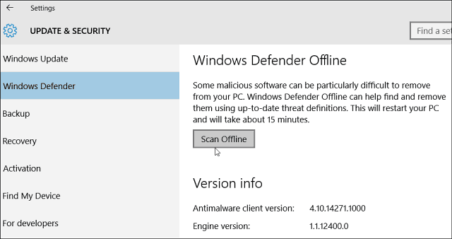Windows 10 Defender sallii haittaohjelmien offline-tarkistuksen